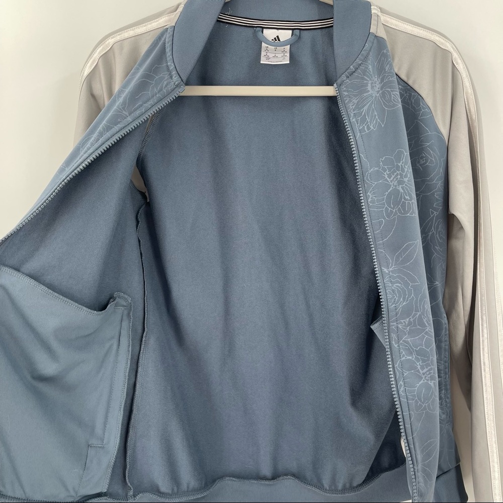 Adidas Zip Up Jacket Blue Floral Gray Sleeves with White Stripes Womens Small - Picture 9 of 15